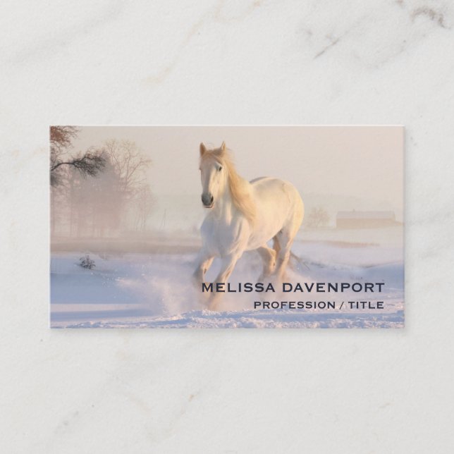 Beautiful White Horse Running in the Snow Business Card (Front)