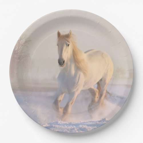 Beautiful White Horse Running in the Snow Paper Plates