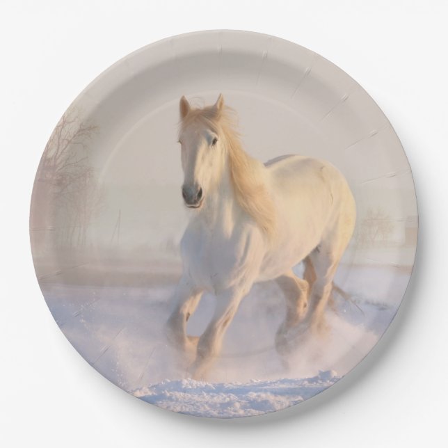 Beautiful White Horse Running in the Snow Paper Plates (Front)