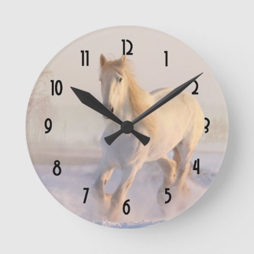 Beautiful White Horse Running in the Snow Round Clock