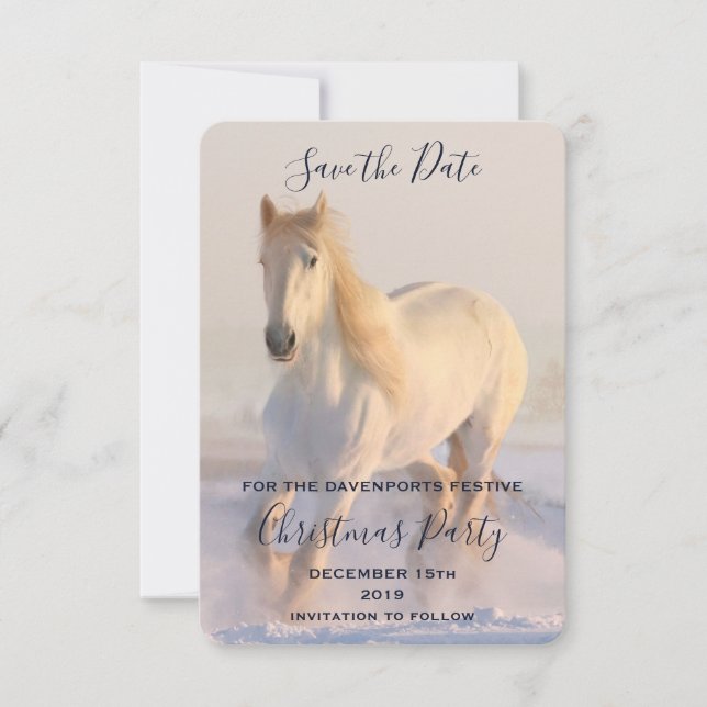 Beautiful White Horse Running in the Snow Save The Date (Front)