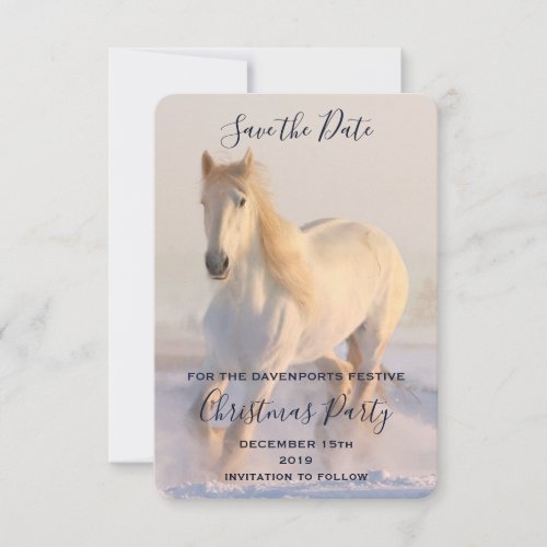 Beautiful White Horse Running in the Snow Save The Date