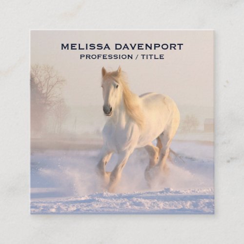 Beautiful White Horse Running in the Snow Square Business Card