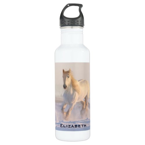 Beautiful White Horse Running in the Snow Stainless Steel Water Bottle