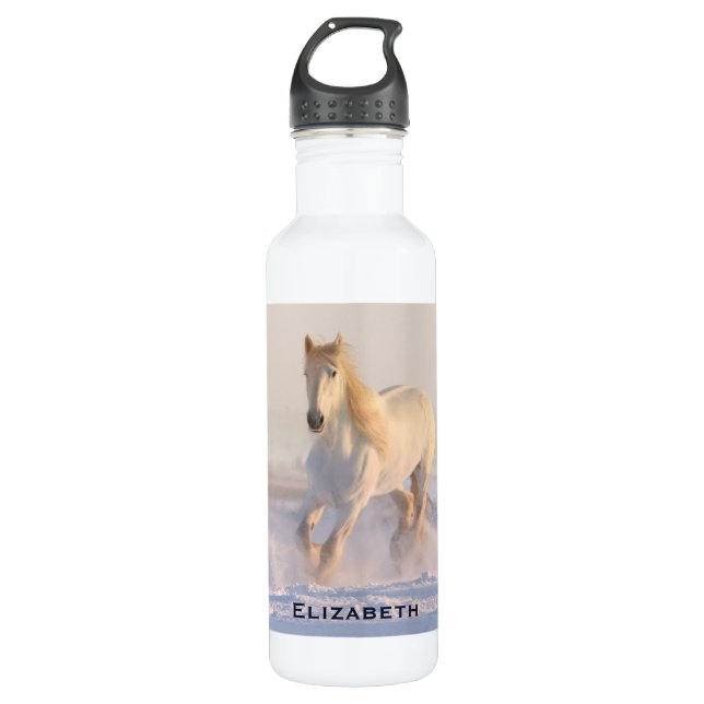 Beautiful White Horse Running in the Snow Stainless Steel Water Bottle (Front)