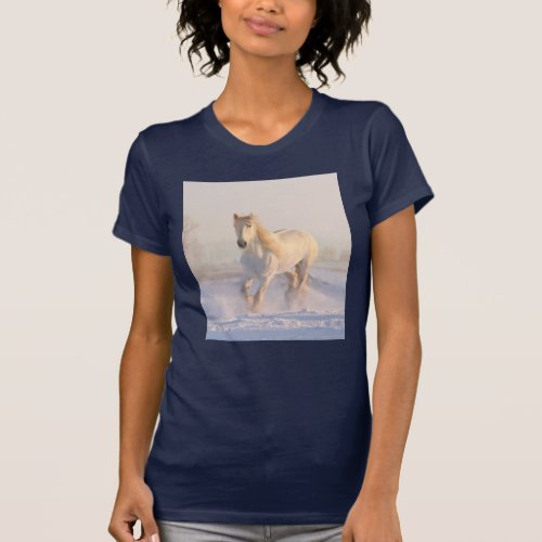 Beautiful White Horse Running in the Snow T_Shirt