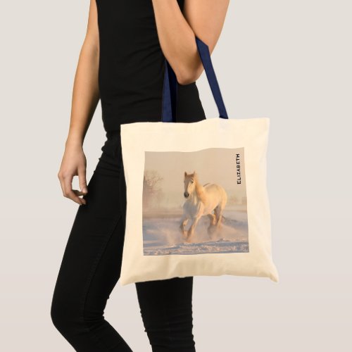 Beautiful White Horse Running in the Snow Tote Bag