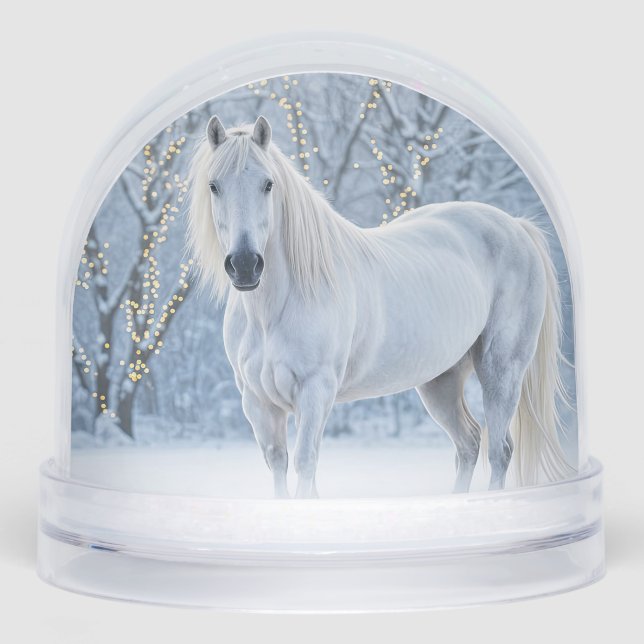 Beautiful White Horse Snow Christmas Holiday Globe (Front)