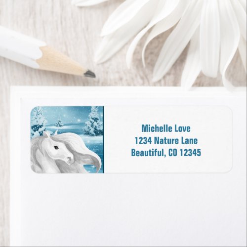 Beautiful White Horse Snowy Winter Night Address Label