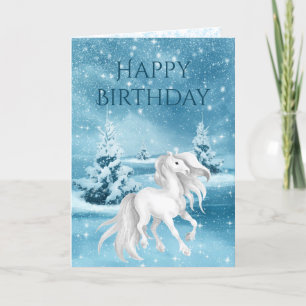 Beautiful White Horse Snowy Winter Night Birthday Card