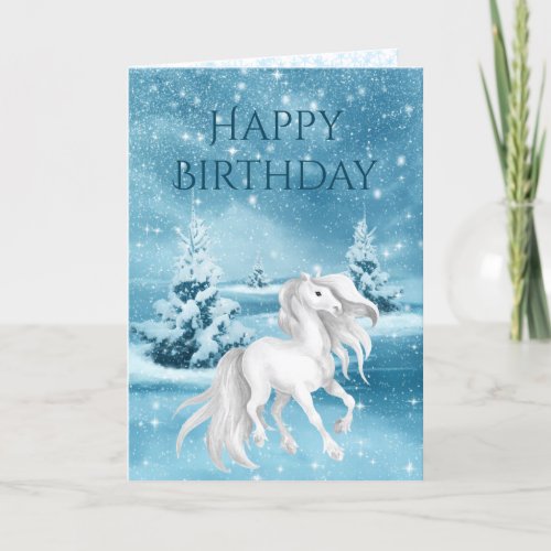 Beautiful White Horse Snowy Winter Night Birthday Card