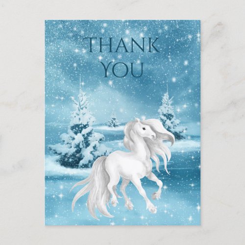 Beautiful White Horse Snowy Winter Night Thank You Postcard