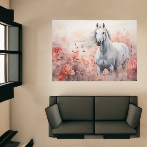 Beautiful White Horse Standing in Field of Flowers Rug