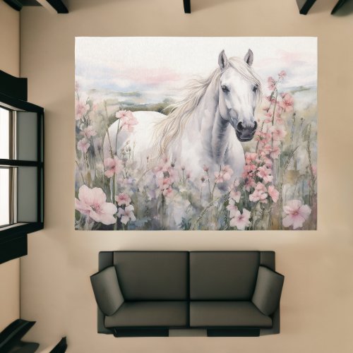Beautiful White Horse Standing in Field of Flowers Rug