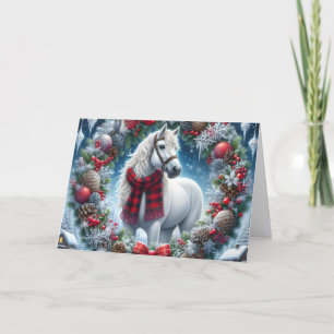 Beautiful White Horse Wearing Plaid Scarf Holiday Card