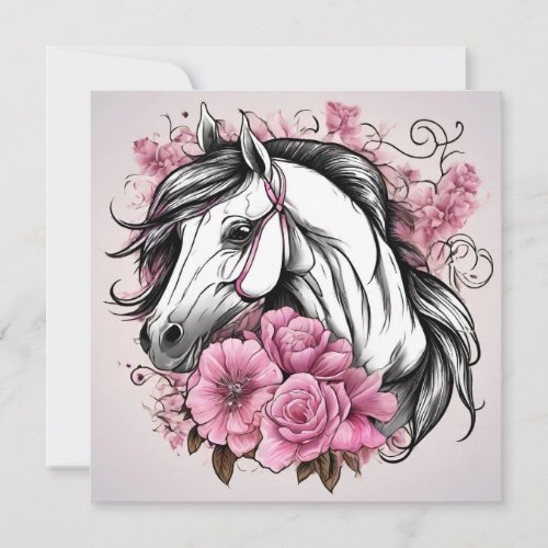 Beautiful White Horse with Pink Flowers  Card