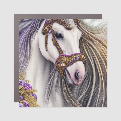 Beautiful White Horse with Purple and Gold Accents Car Magnet