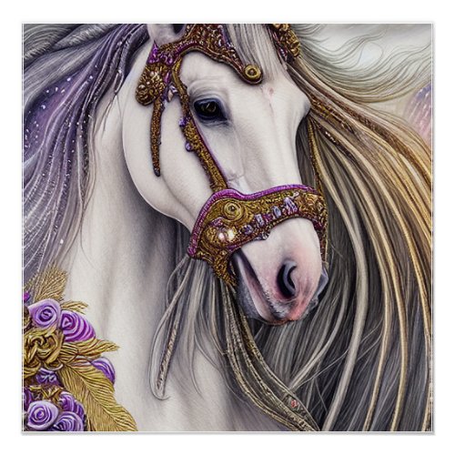 Beautiful White Horse with Purple and Gold Accents Poster