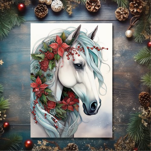 Beautiful White Horse with Red Flowers Christmas Holiday Card