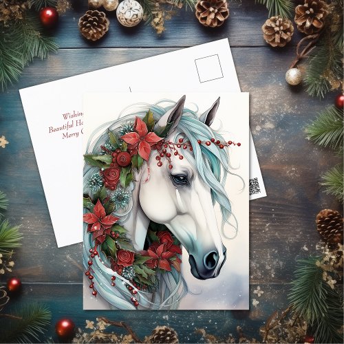 Beautiful White Horse with Red Flowers Christmas Holiday Postcard