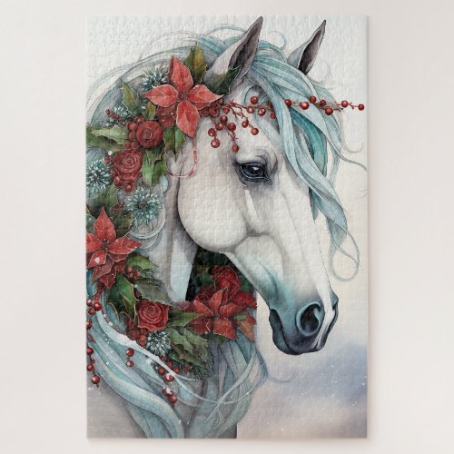 Beautiful White Horse with Red Flowers Christmas Jigsaw Puzzle
