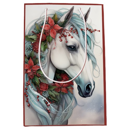 Beautiful White Horse with Red Flowers Christmas Medium Gift Bag