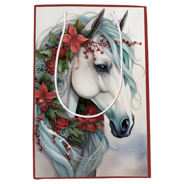 Beautiful White Horse with Red Flowers Christmas Medium Gift Bag (Front)