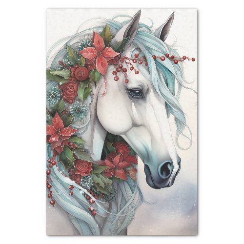 Beautiful White Horse with Red Flowers Christmas Tissue Paper