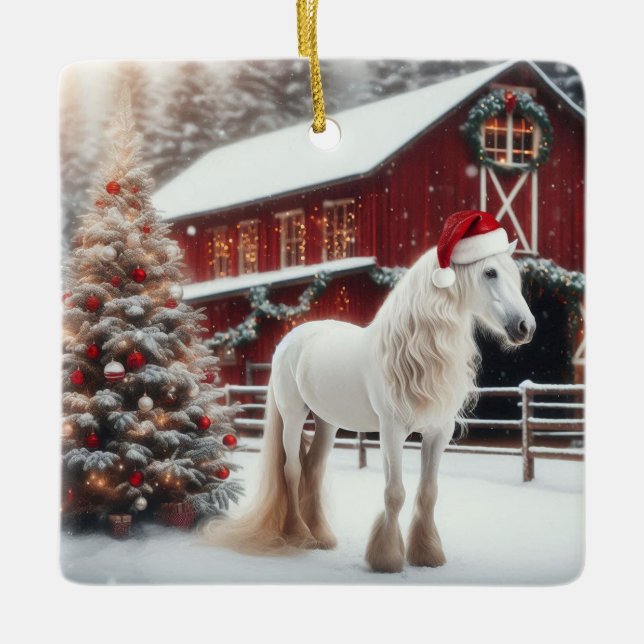 Beautiful White Horses, Christmas Tree and Barn Ceramic Ornament (Front)