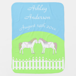 Beautiful White Horses Custom Name Baby Blanket