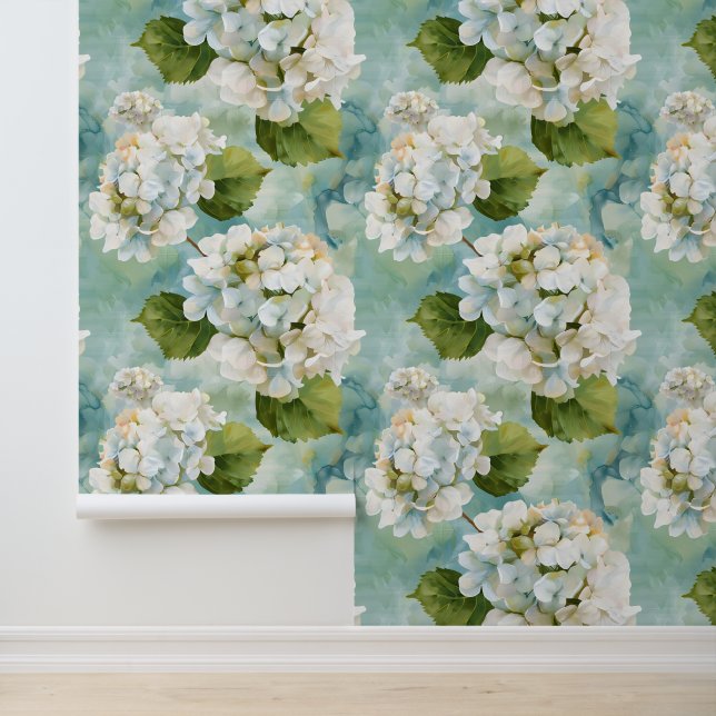 Beautiful white hydrangea on blue wallpaper  (Application)