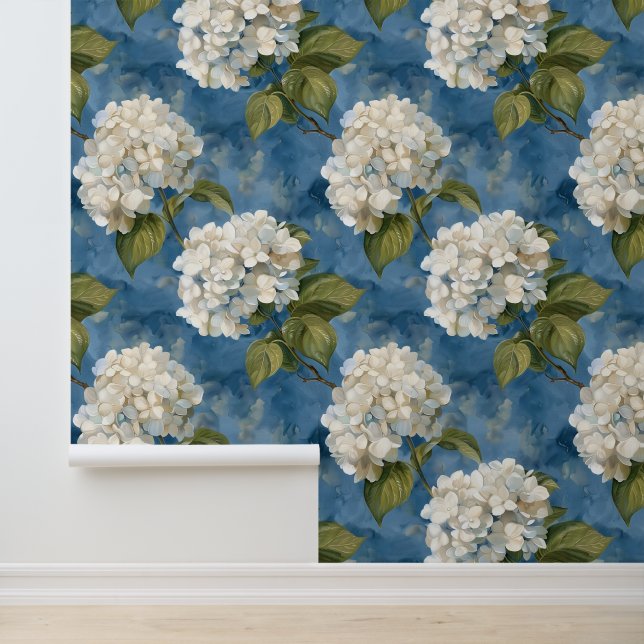 Beautiful white hydrangea on blue wallpaper  (Application)
