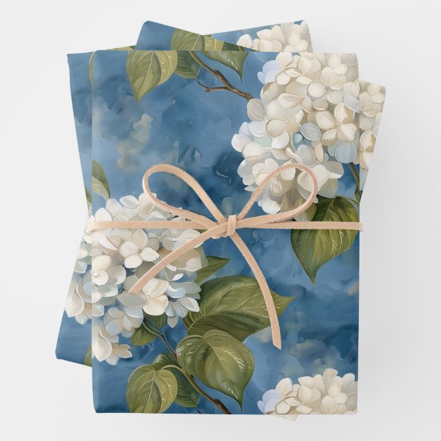 Beautiful white hydrangea on blue wrapping paper sheets (In situ)