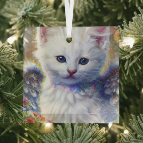 Beautiful White Kitty with Wings Glass Ornament