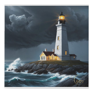 Beautiful White Lighthouse in the Night Faux Canvas Print