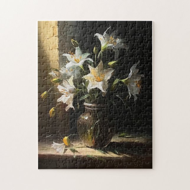 Beautiful White Lilies in Vase Fine Art Jigsaw Puzzle (Vertical)