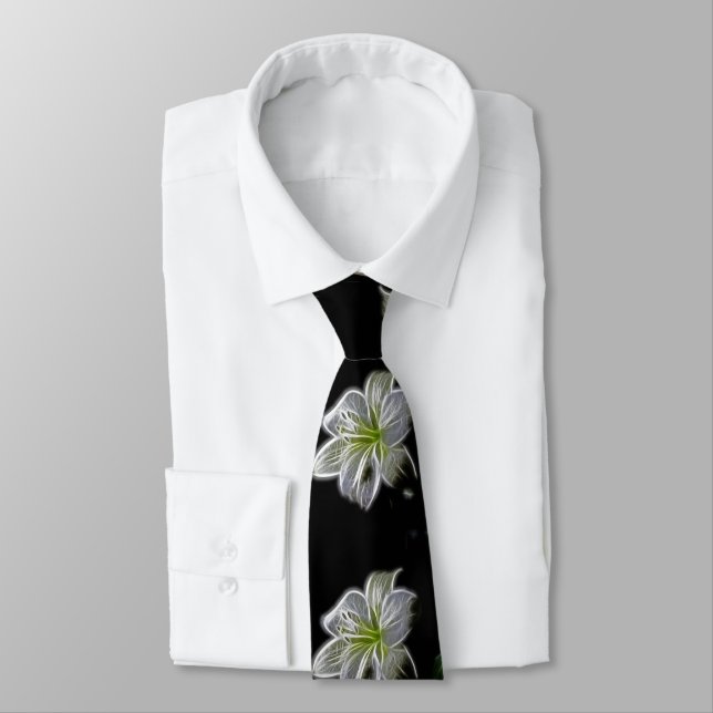 Beautiful white, lily flowers. Black background. Neck Tie (Tied)