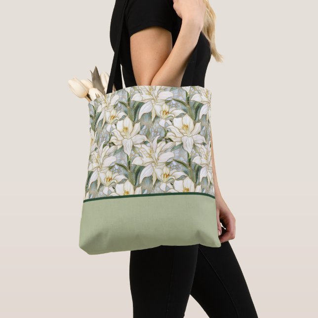 Beautiful White Lily Stained Glass, Color Block Tote Bag (Close Up)