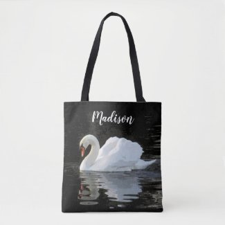 Beautiful white mute swan, reflections, your name