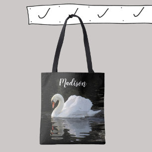 Beautiful white mute swan, reflections, your name tote bag