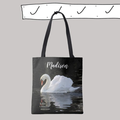 Beautiful white mute swan reflections your name tote bag