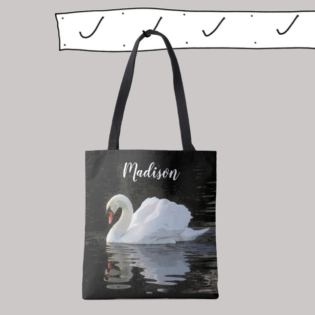 Beautiful white mute swan, reflections, your name tote bag (Creator Uploaded)