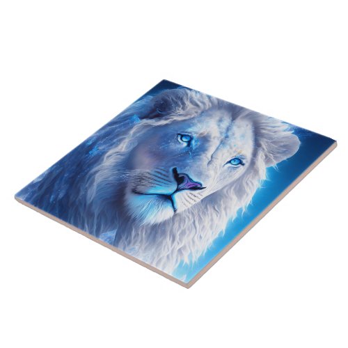 Beautiful White Mystical Lion with Blue Eyes   Ceramic Tile