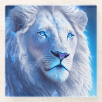 Beautiful White Mystical Lion with Blue Eyes   Glass Coaster