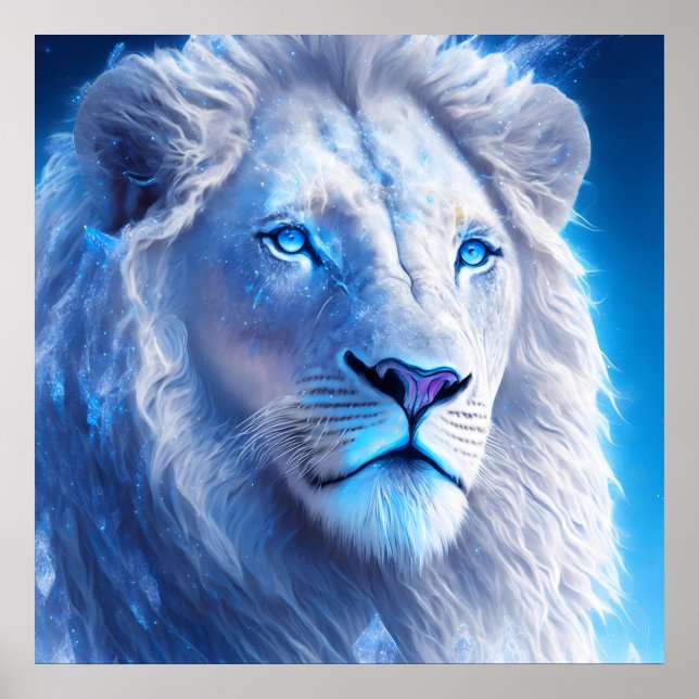 Beautiful White Mystical Lion with Blue Eyes   Poster (Front)