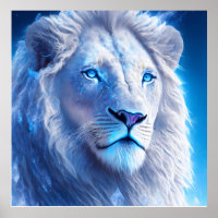 Beautiful White Mystical Lion with Blue Eyes   Poster