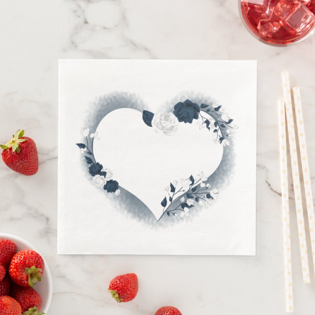 Beautiful white & navy floral heart  paper dinner napkins (Insitu)