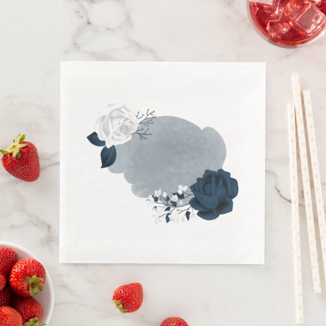 Beautiful white & navy flowers paper dinner napkins (Insitu)