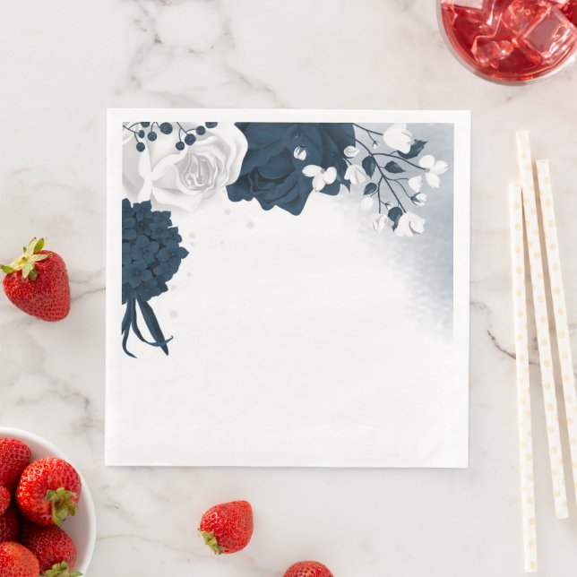 Beautiful white & navy flowers paper dinner napkins (Insitu)