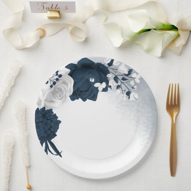 Beautiful white & navy flowers paper plates (Wedding)